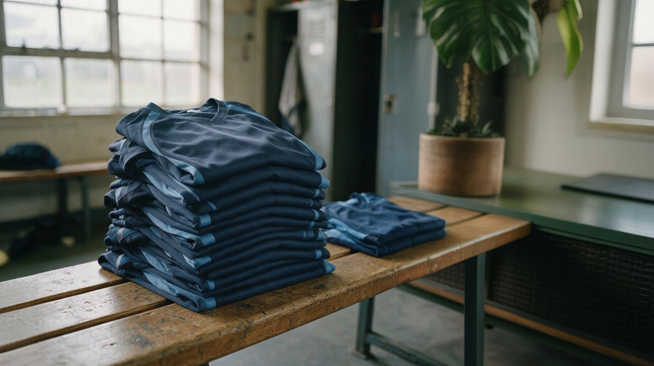 Réassort de maillots de club : pile de maillots pliés et deux maillots identiques ajoutés sur un banc de vestiaire