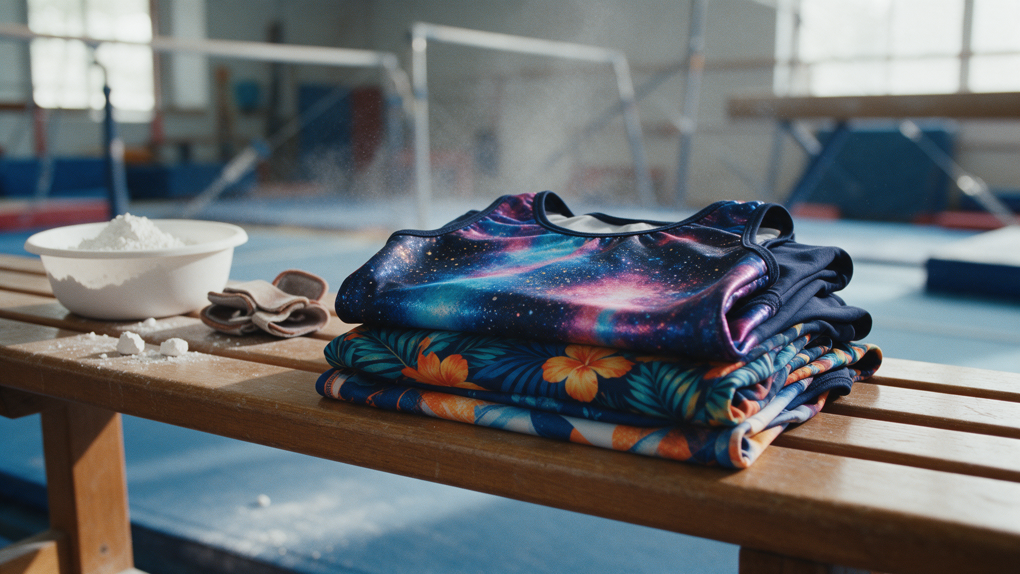 Justaucorps et tenues de gymnastique personnalisés en sublimation, pliés dans une salle de gym
