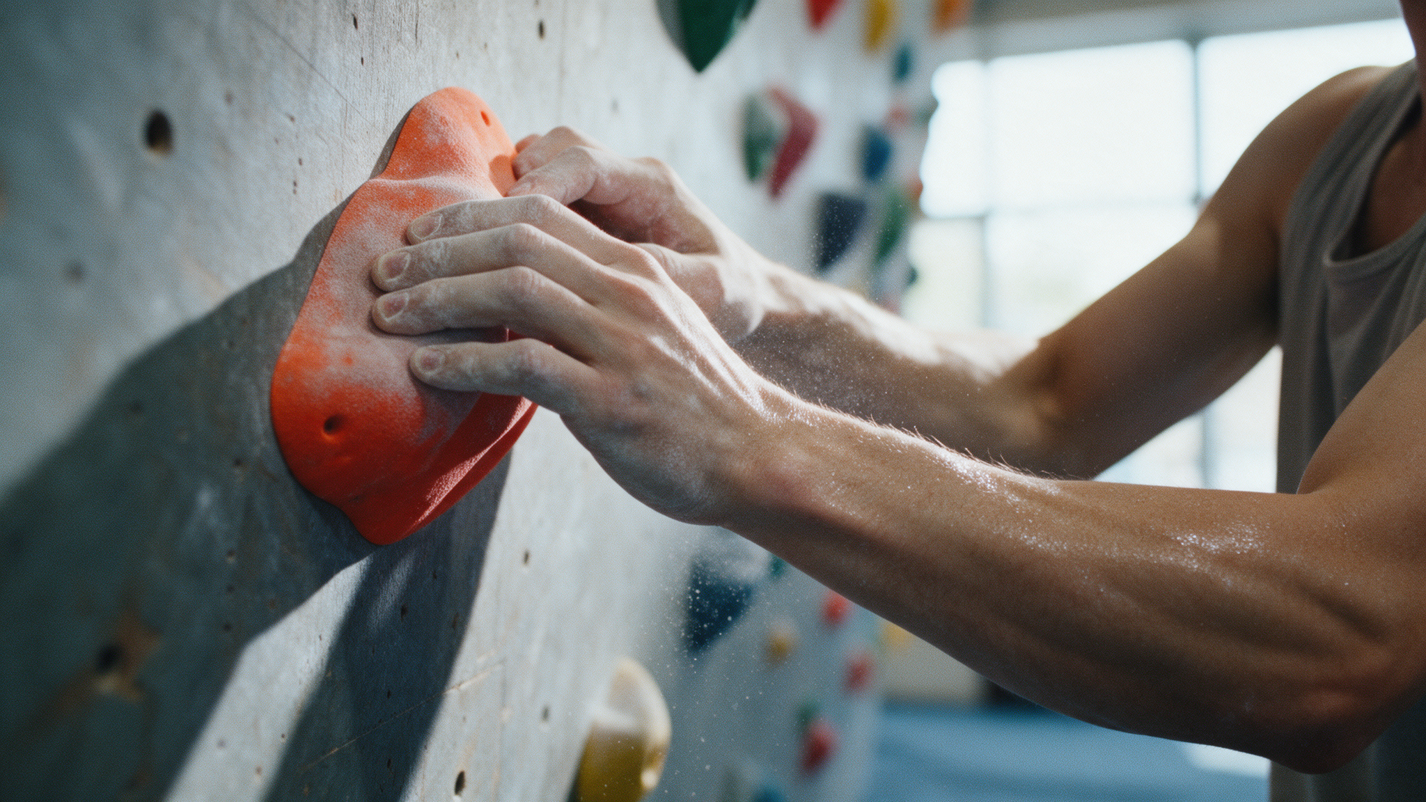Main magnésiée d'un grimpeur sur une prise d'escalade en salle, tenue de club personnalisée pour la saison indoor 2026-2027