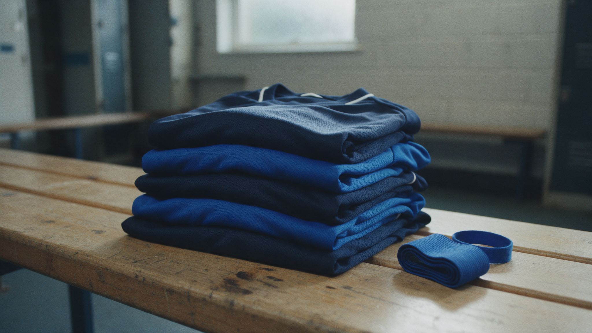Maillots bleus de club pliés et brassards bleus sur un banc de vestiaire pour Movember 2026